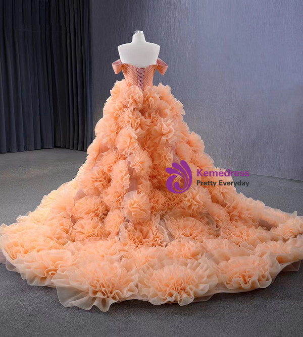 Orange Tulle Off the Shoulder 3D Flower Prom Dress