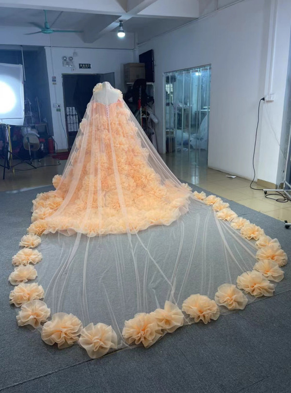 Orange Tulle Off the Shoulder 3D Flower Prom Dress