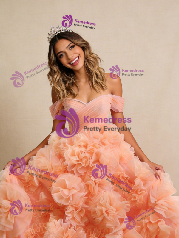 Orange Tulle Off the Shoulder 3D Flower Prom Dress