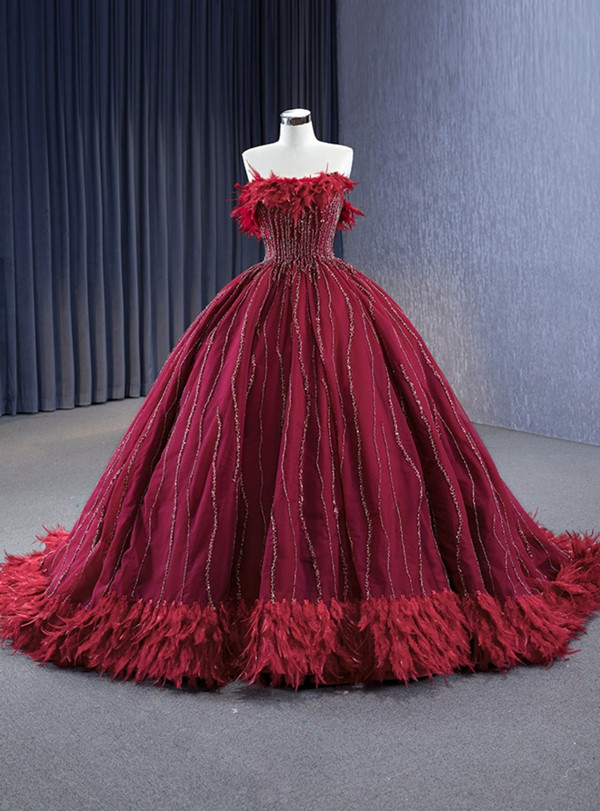 Luxury Burgundy Tulle Strapless Beading Feather Prom Dress