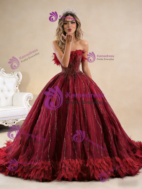 Luxury Burgundy Tulle Strapless Beading Feather Prom Dress