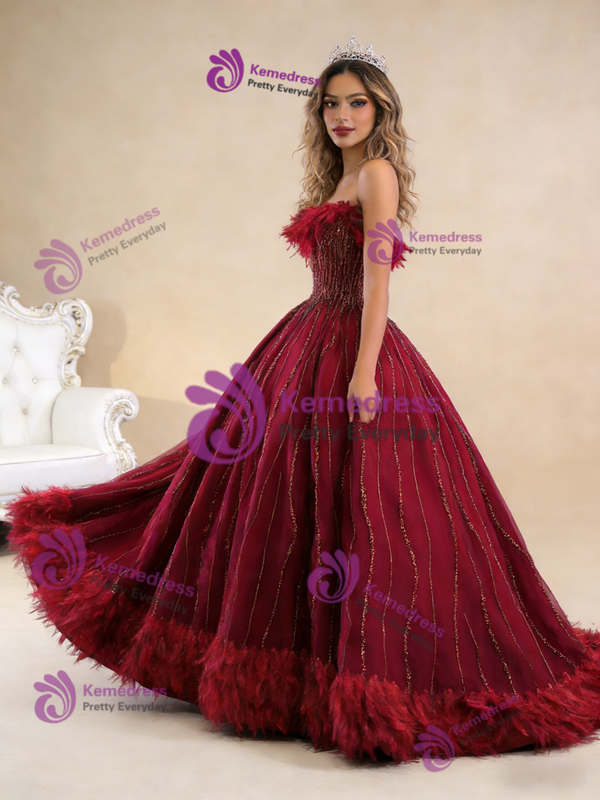 Luxury Burgundy Tulle Strapless Beading Feather Prom Dress