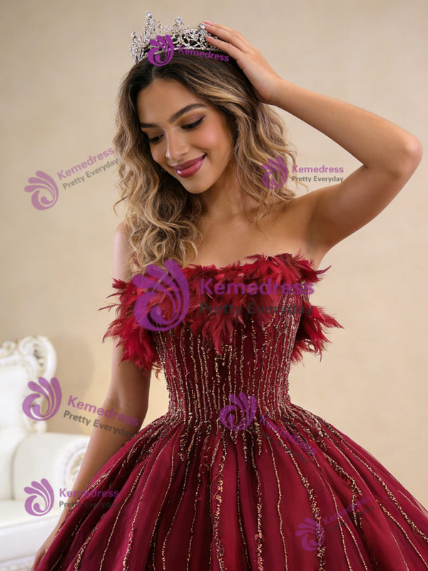 Luxury Burgundy Tulle Strapless Beading Feather Prom Dress
