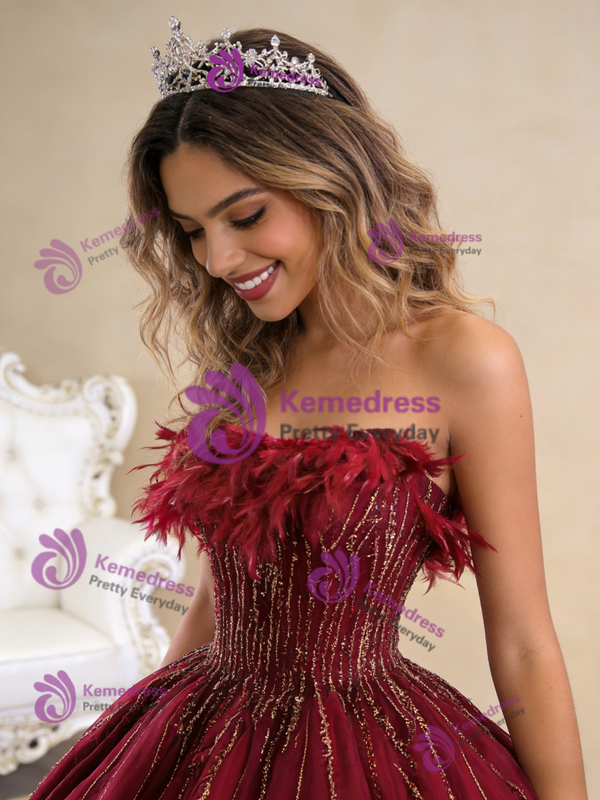 Luxury Burgundy Tulle Strapless Beading Feather Prom Dress