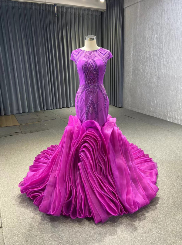 Sexy Fuchsia Mermaid Tulle Beading Prom Dress