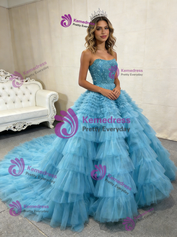 Light Blue Tulle Beading Strapless Tiers Pleats Prom Dress