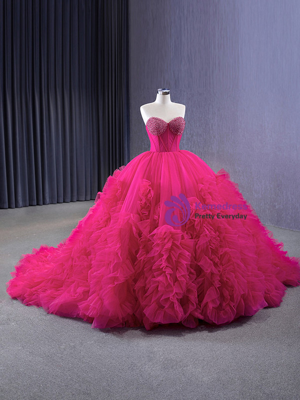Fuchsia Tulle Sweetheart Neck Pearls Prom Dress