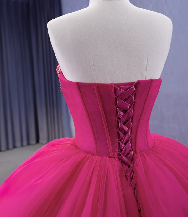 Fuchsia Tulle Sweetheart Neck Pearls Prom Dress