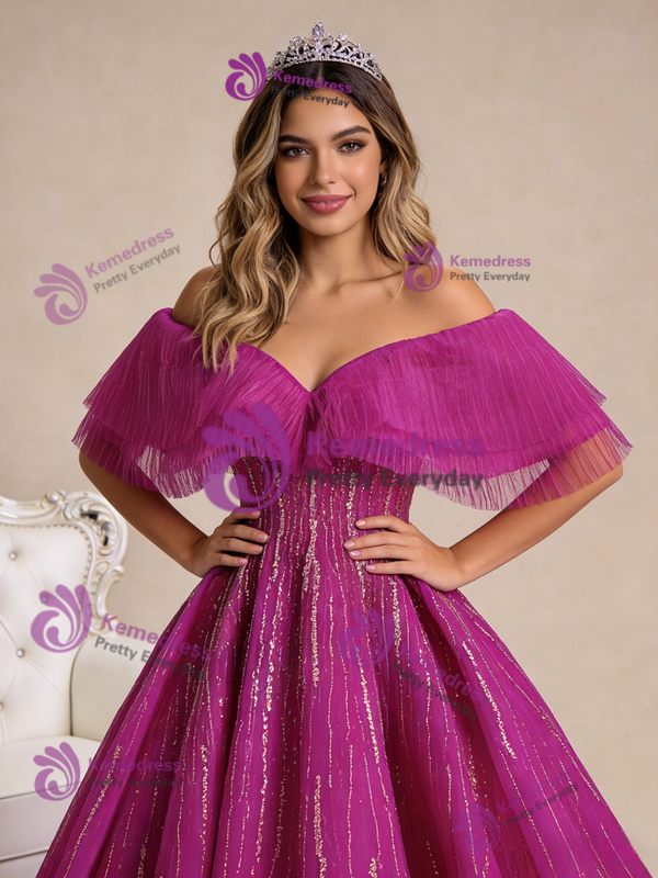 Fuchsia Tulle Off the Shoulder Beading Prom Dress