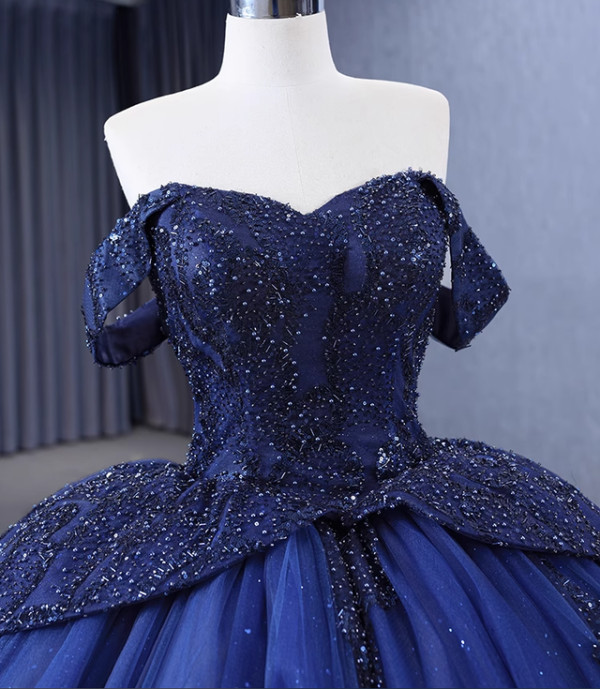 Navy Blue Ball Gown Tulle Sequins Beading Prom Dress