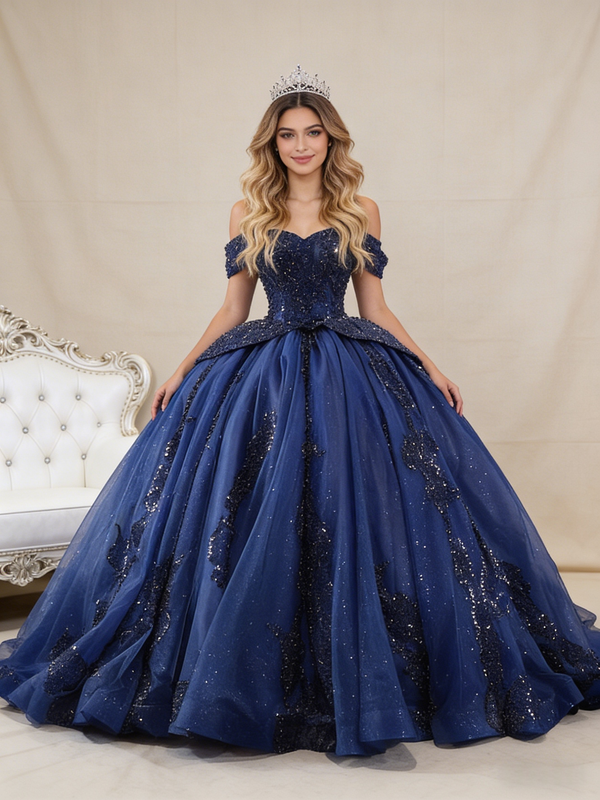 Navy Blue Ball Gown Tulle Sequins Beading Prom Dress