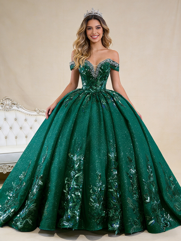 Green Sequins Off the Shoulder Appliques Crystal Prom Dress