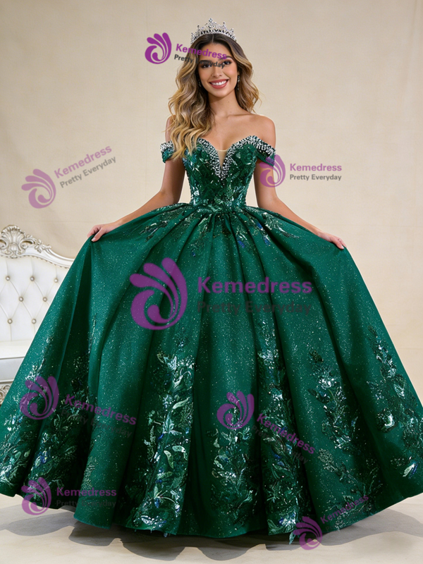 Green Sequins Off the Shoulder Appliques Crystal Prom Dress