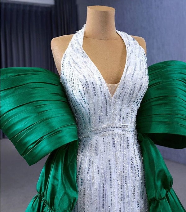 White V-neck Sequins Beading Satin Prom Dress