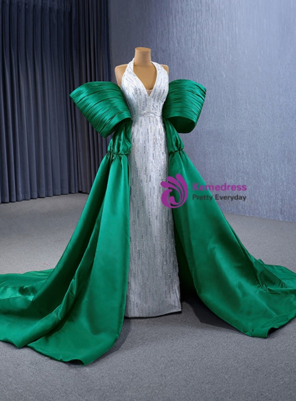 White V-neck Sequins Beading Satin Prom Dress