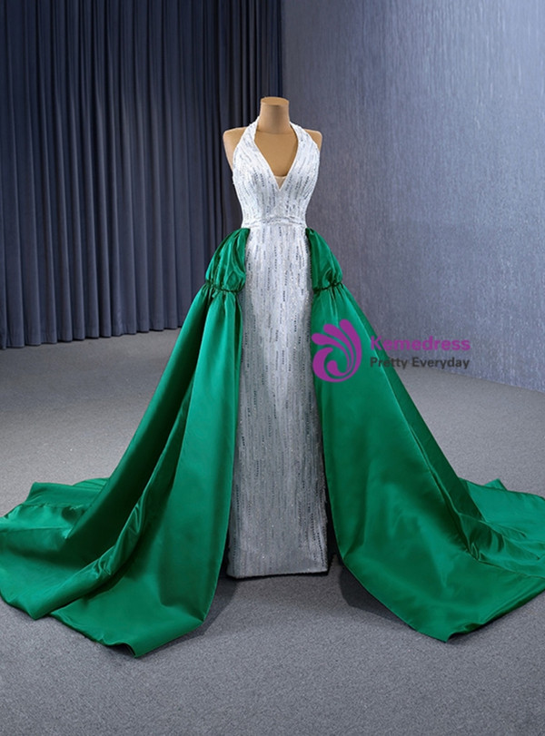 White V-neck Sequins Beading Satin Prom Dress