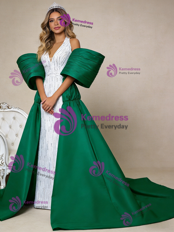 White V-neck Sequins Beading Satin Prom Dress