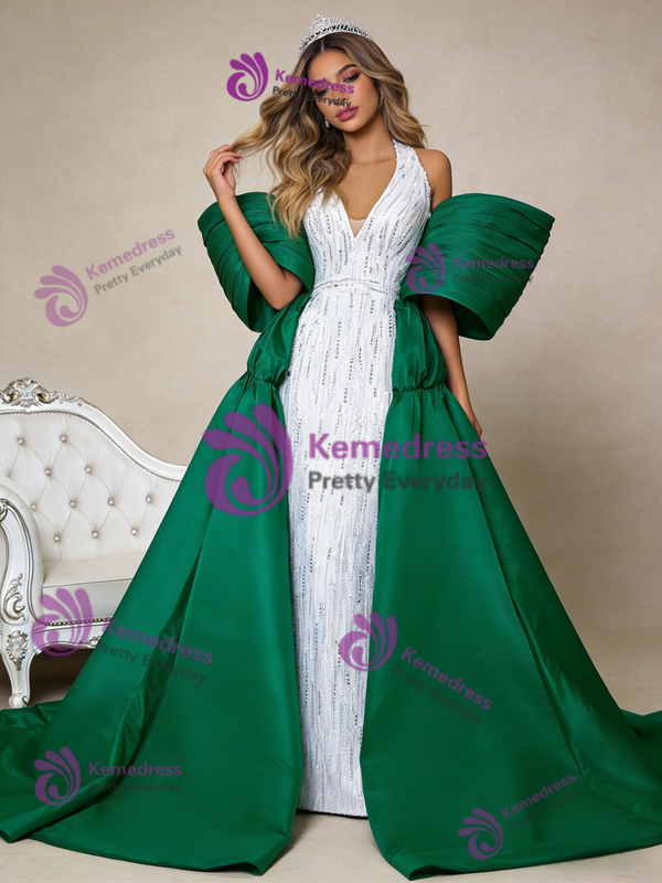 White V-neck Sequins Beading Satin Prom Dress