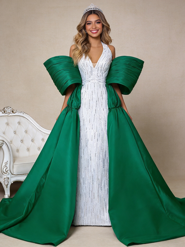 White V-neck Sequins Beading Satin Prom Dress