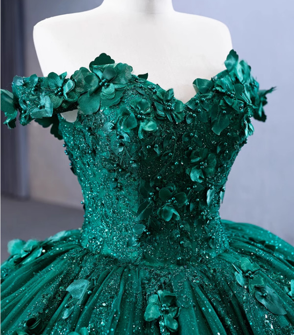Green Ball Gown Tulle Sequins Appliques Prom Dress