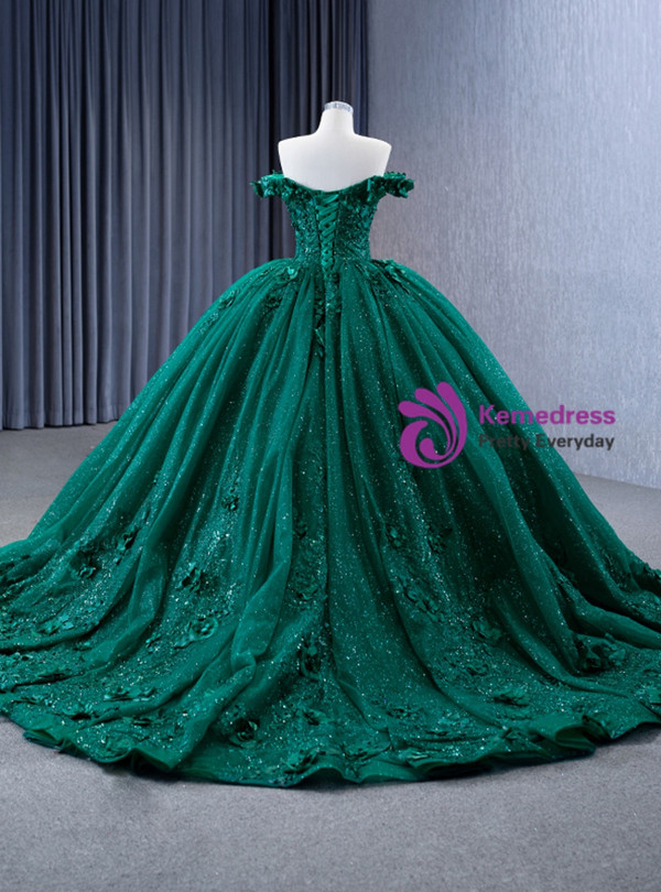 Green Ball Gown Tulle Sequins Appliques Prom Dress