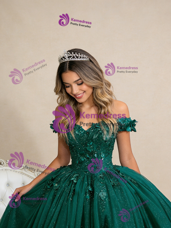 Green Ball Gown Tulle Sequins Appliques Prom Dress