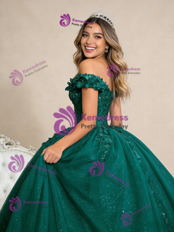 Green Ball Gown Tulle Sequins Appliques Prom Dress