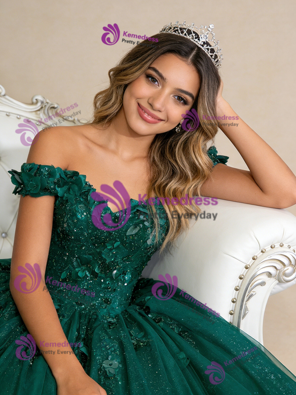 Green Ball Gown Tulle Sequins Appliques Prom Dress