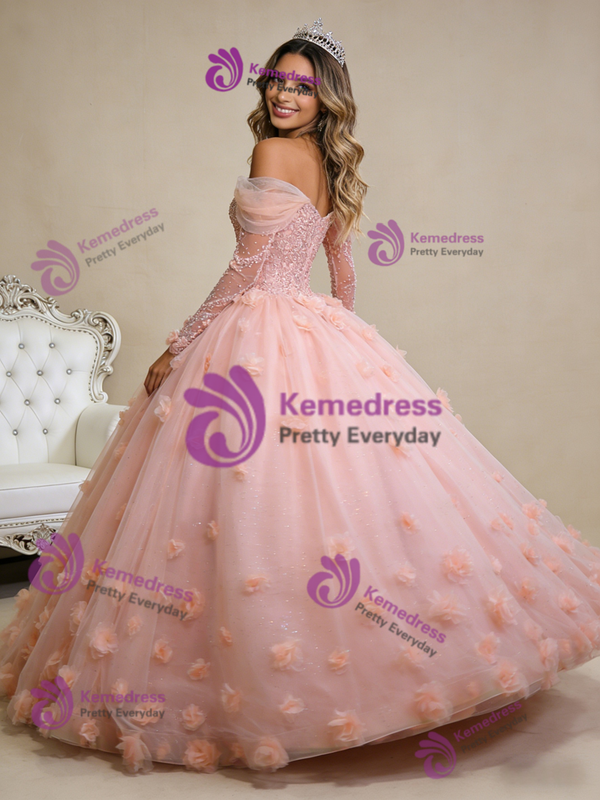 Orange Tulle Off the Shoulder Appliques Prom Dress