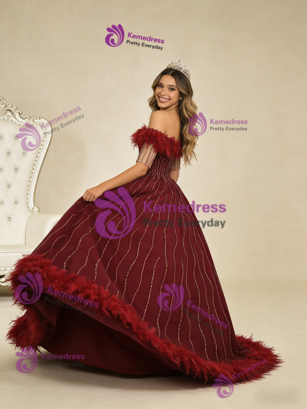Burgundy Ball Gown Short Sleeve Beading Feather Prom Dress