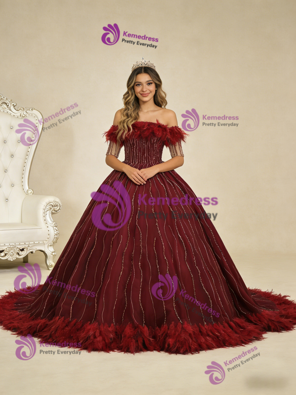 Burgundy Ball Gown Short Sleeve Beading Feather Prom Dress