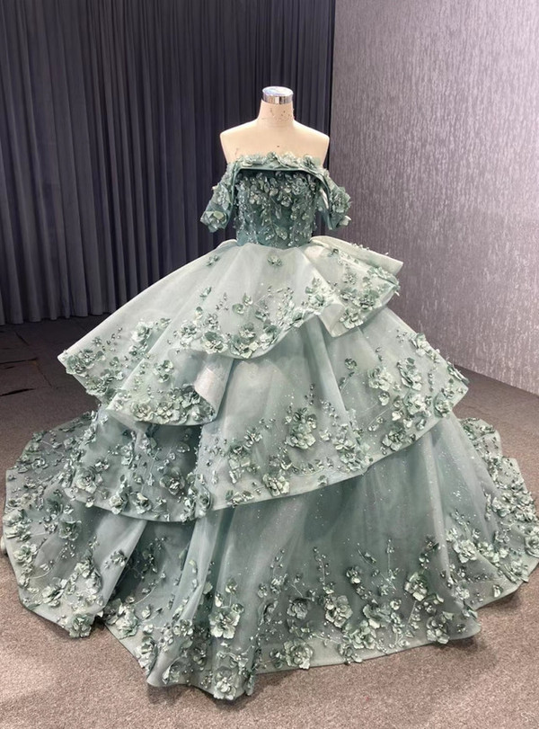 Green Tulle Off the Shoulder 3D Appliques Prom Dress