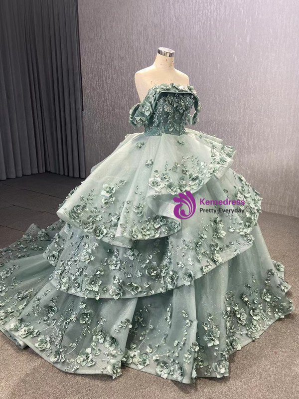 Green Tulle Off the Shoulder 3D Appliques Prom Dress