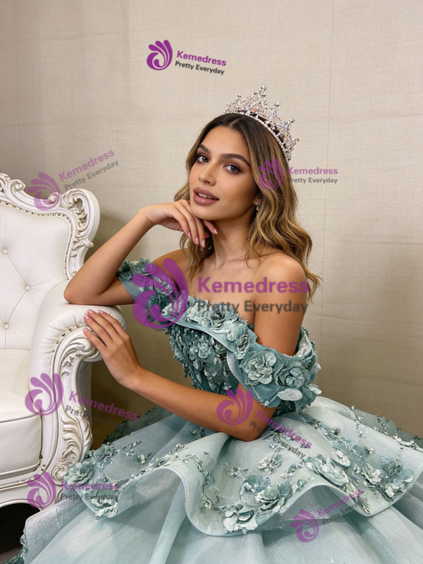 Green Tulle Off the Shoulder 3D Appliques Prom Dress