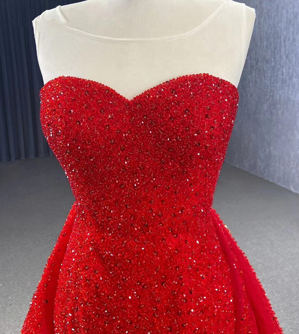 Red Mermaid Tulle Beading Sequins Prom Dress
