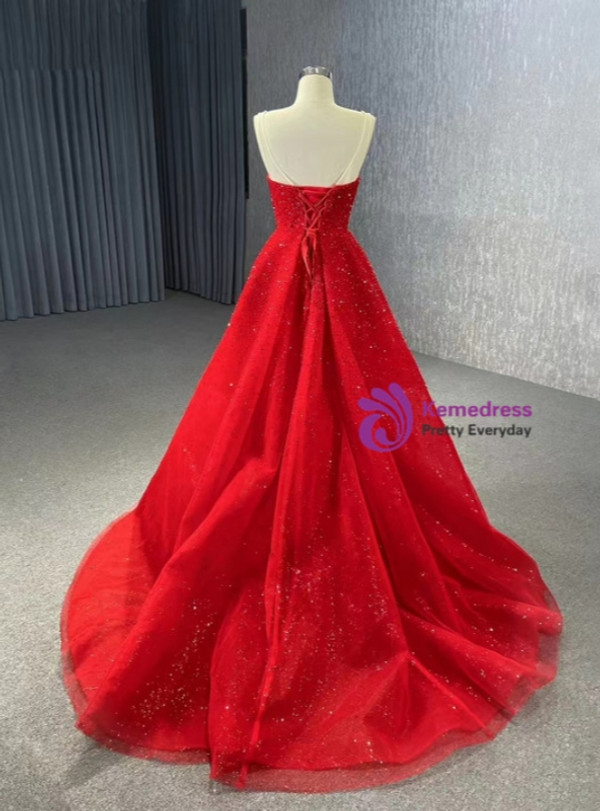 Red Mermaid Tulle Beading Sequins Prom Dress