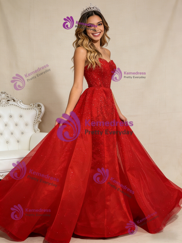 Red Mermaid Tulle Beading Sequins Prom Dress