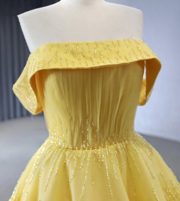 Yellow Tullle Pleats Beading Prom Dress
