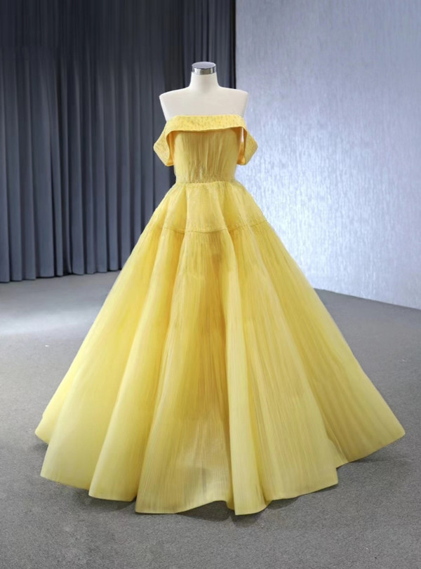 Yellow Tullle Pleats Beading Prom Dress