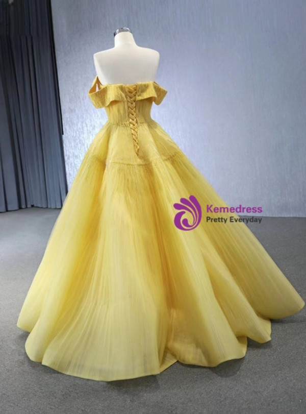 Yellow Tullle Pleats Beading Prom Dress
