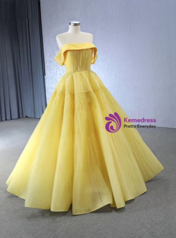 Yellow Tullle Pleats Beading Prom Dress