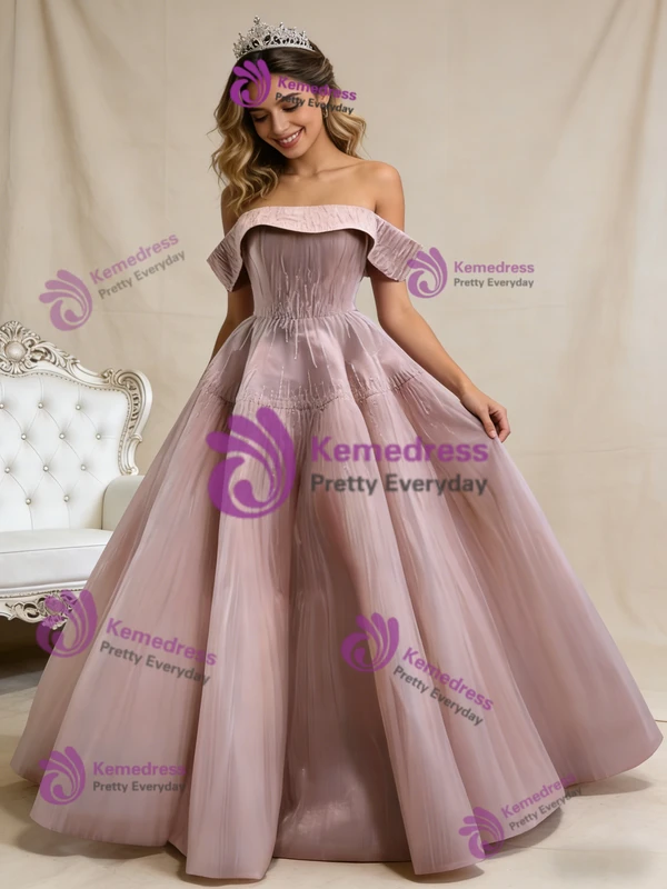 Dark Pink Tullle Pleats Beading Prom Dress