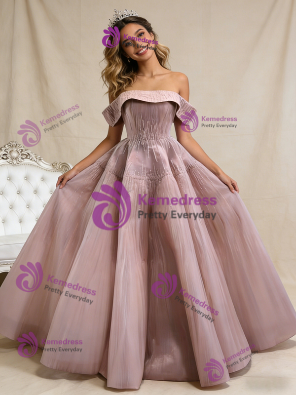 Dark Pink Tullle Pleats Beading Prom Dress