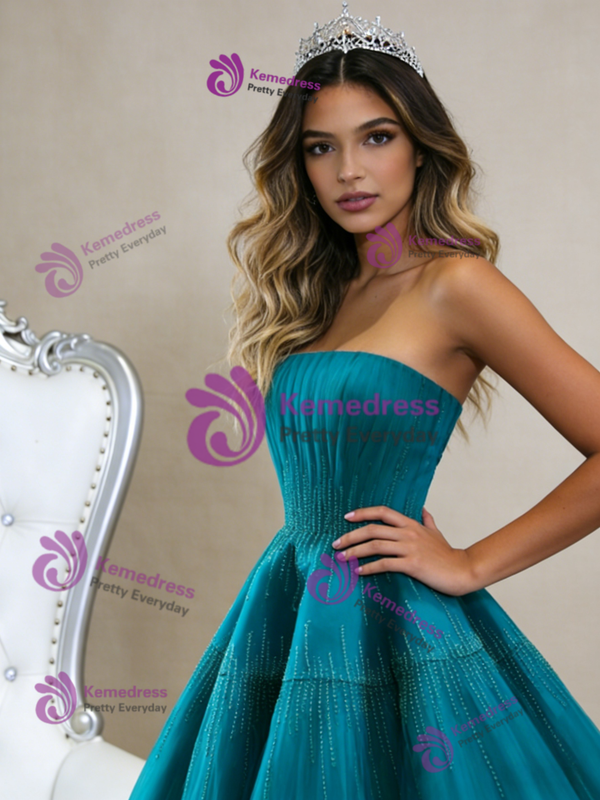 Blue Tullle Pleats Beading Prom Dress