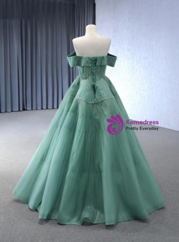 Green Tullle Strapless Pleats Beading Prom Dress
