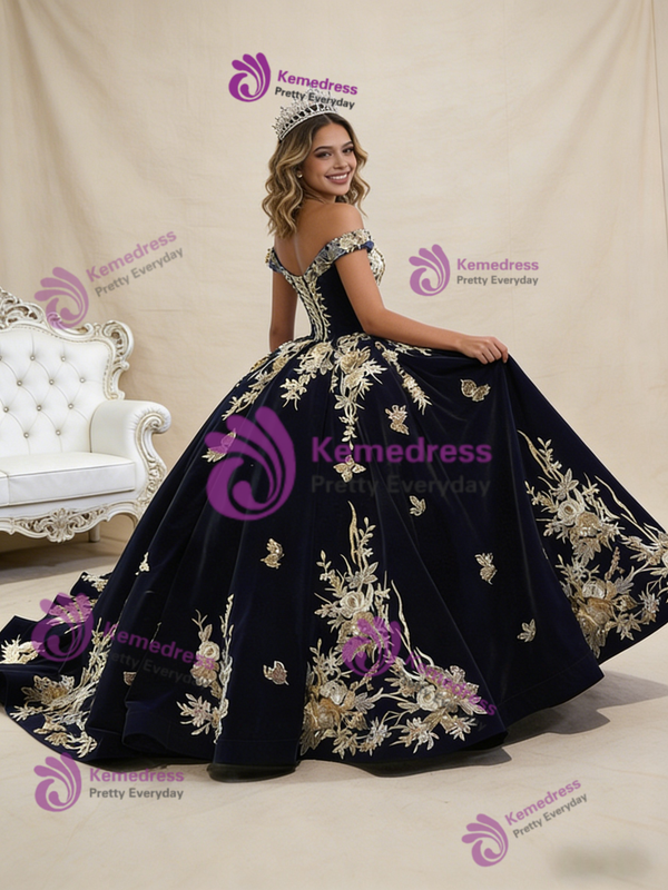 Navy Blue Velvet Off the Shoulder Appliques Beading Prom Dress