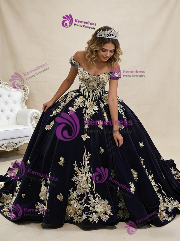 Navy Blue Velvet Off the Shoulder Appliques Beading Prom Dress