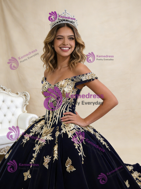 Navy Blue Velvet Off the Shoulder Appliques Beading Prom Dress