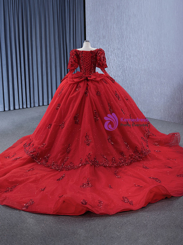 Red Long Sleeve Tulle Sequins Appliques Prom Dress