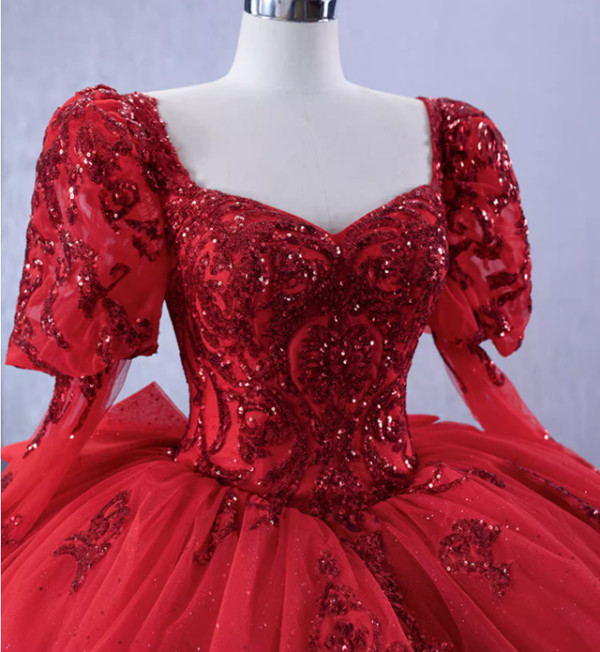 Red Long Sleeve Tulle Sequins Appliques Prom Dress